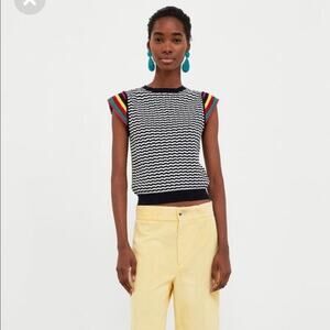 Zara Knit Chevron Striped Sleeveless Sweater Navy White Rainbow Women’s Medium